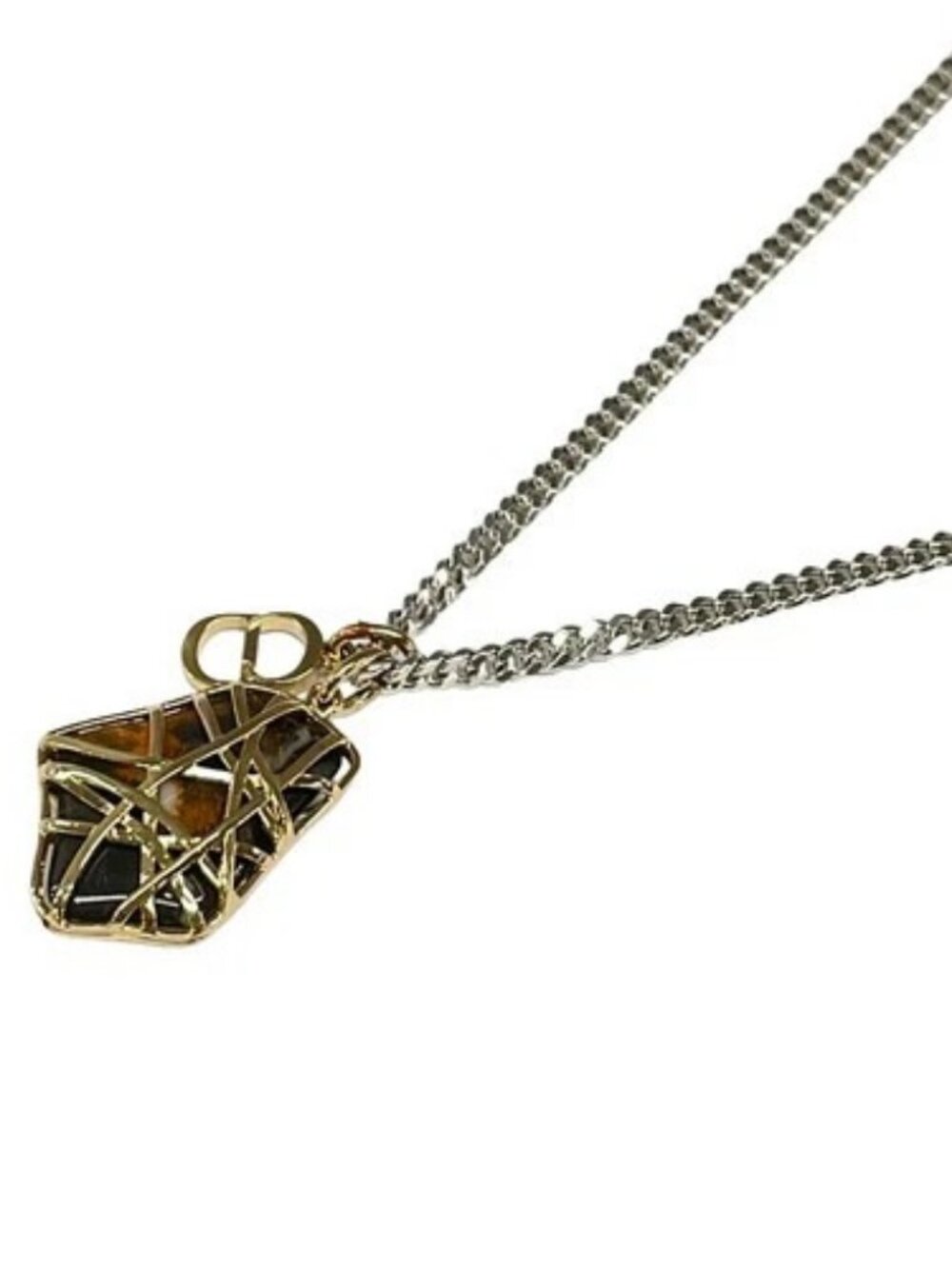 DIOR/ChristianDior Gold Silver Dark Brown Hardware Stone Necklace